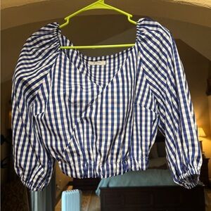 Vicbee Blue Gingham Puff-Sleeve Crop Blouse